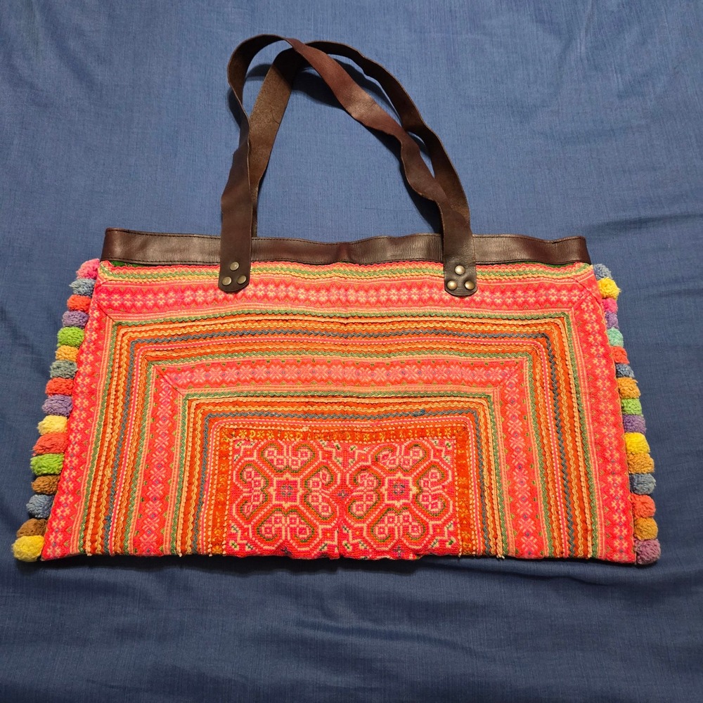 Natural Life Tote Bag Womens Large Pink Fair Embroidered Pom Pom Boho Leather